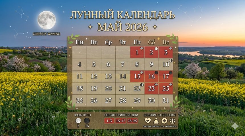Лунный календарь май 2026 года: неблагоприятные дни, фазы Луны и влияние на здоровье