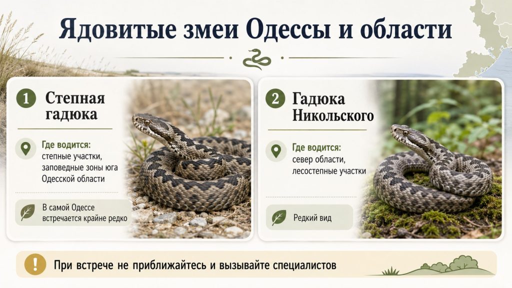 Змеи в Одессе 2026: ядовитые и неядовитые, где водятся и как избежать укуса