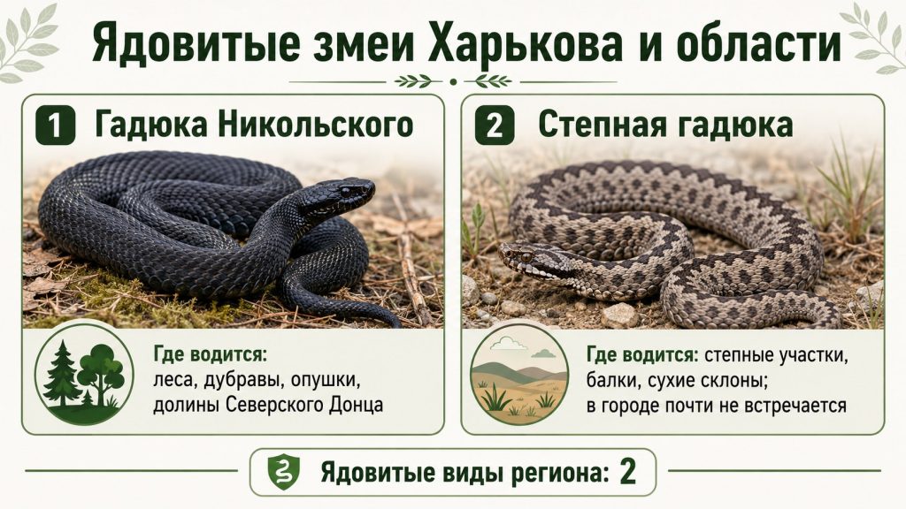 Змеи в Харькове 2026: ядовитые и неядовитые, где водятся и как избежать укуса