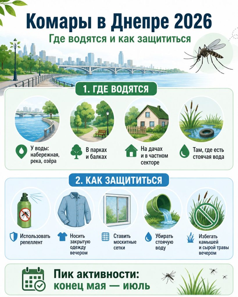 Комары в Днепре весной и летом 2026: когда начинается пик, где их больше всего и как защититься от укусов