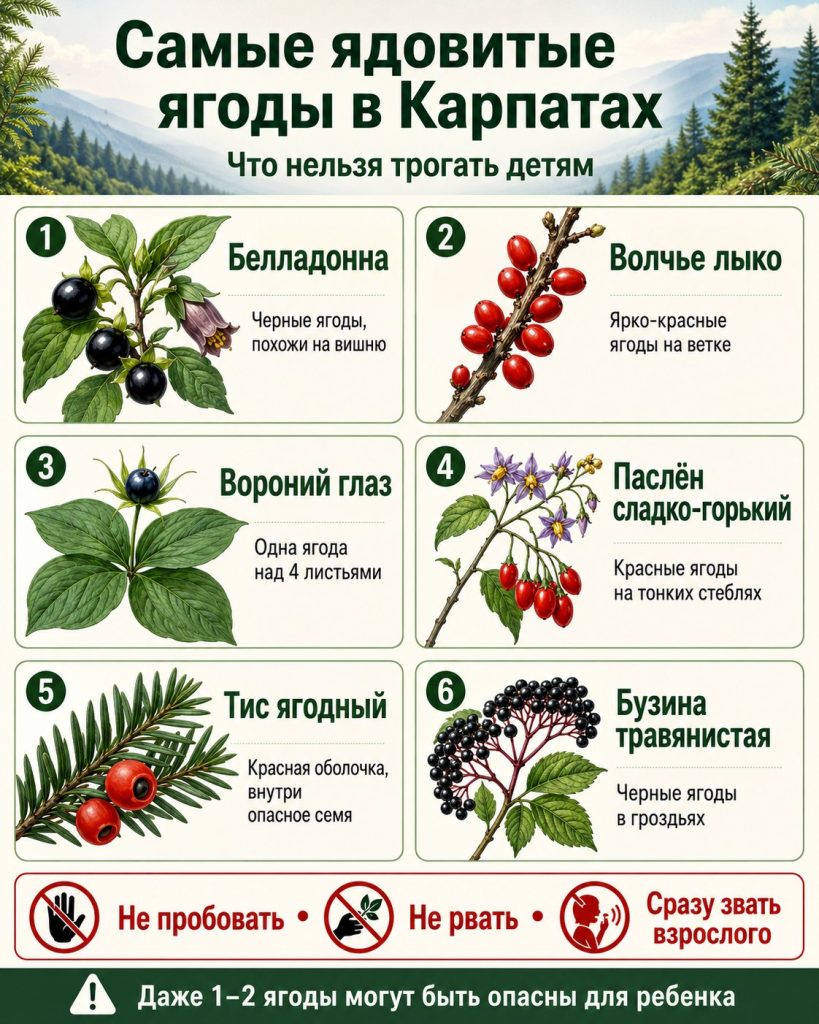 Ядовитые ягоды в Карпатах 2026: что нельзя трогать детям во время прогулок, симптомы отравления и первая помощь