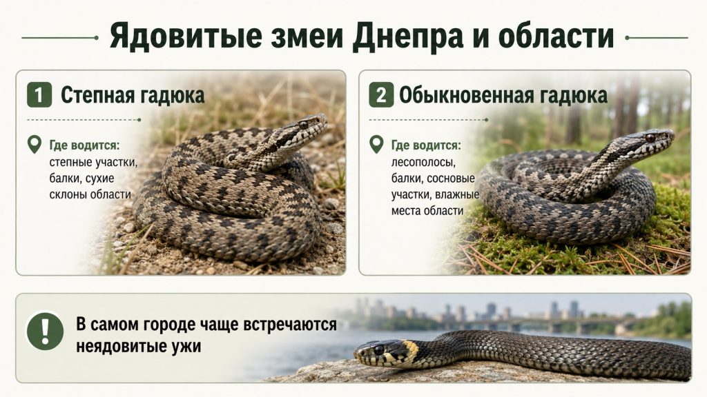 Змеи в Днепре 2026: ядовитые и неядовитые, где водятся и как избежать укуса