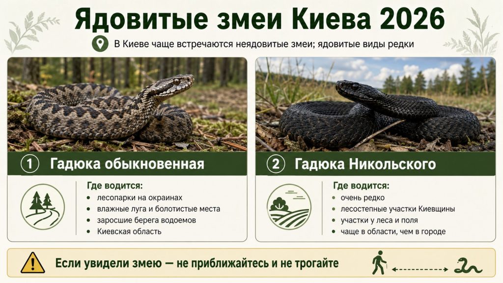 Змеи в Киеве 2026: ядовитые и неядовитые, где водятся и как избежать укуса