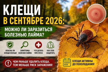 Клещи в сентябре 2026: можно ли заразиться болезнью Лайма осенью, симптомы и что делать при укусе