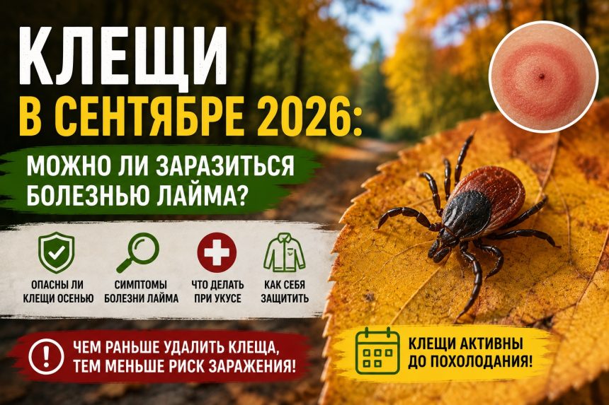 Клещи в сентябре 2026: можно ли заразиться болезнью Лайма осенью, симптомы и что делать при укусе